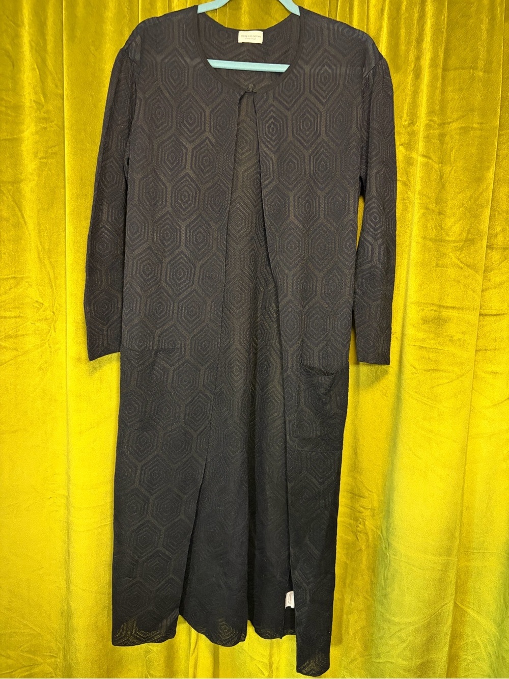 Dries Van Noten 2010s Black Dark Navy Duster Cardigan Sweater Geometric Print XS